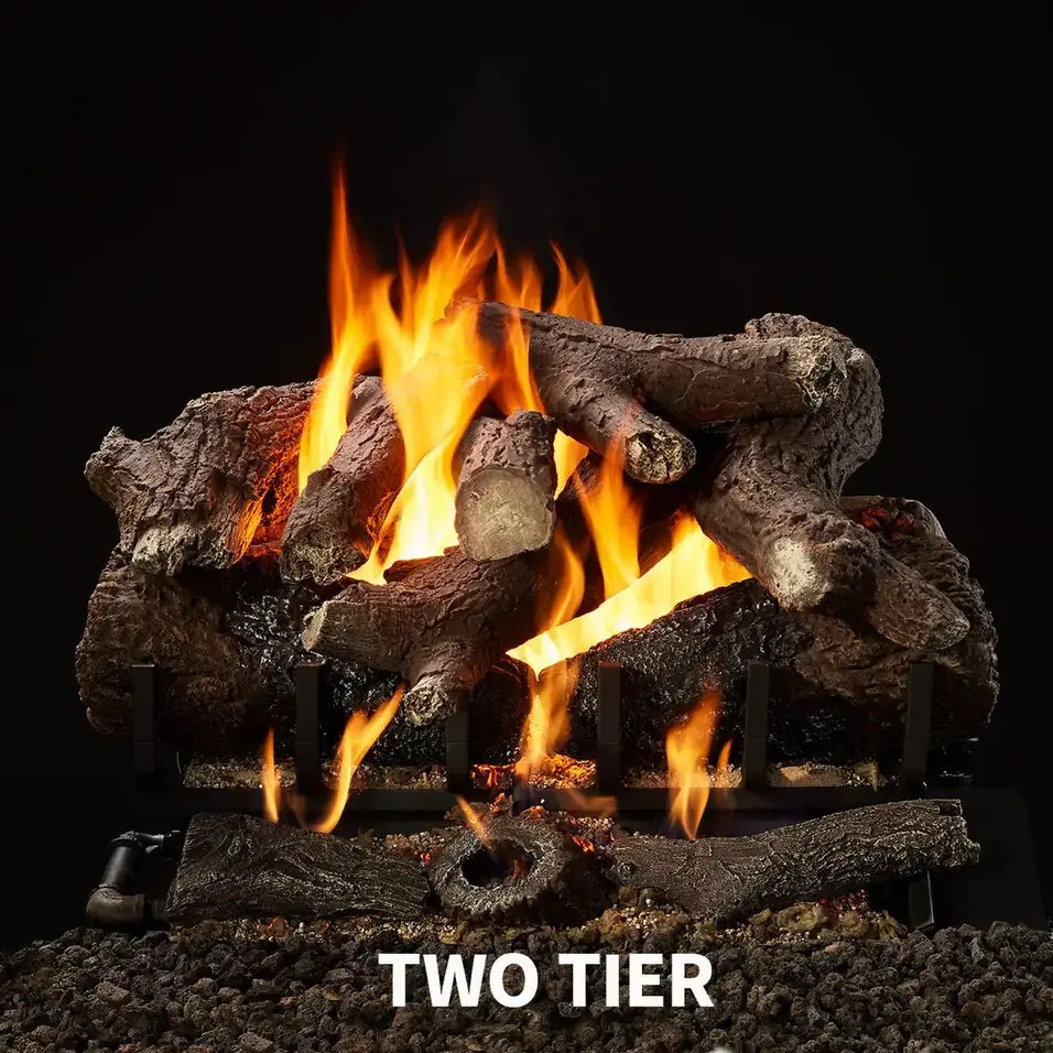 Majestic Heritage Oak vented gas log set with realistic oak detailing and natural flame tips