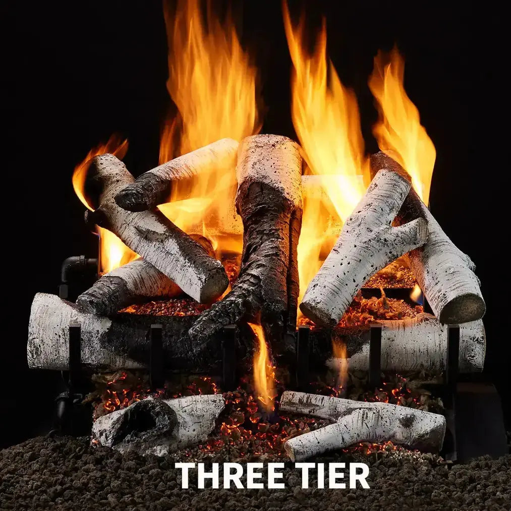 Majestic Grand Birch vented gas log set with realistic birch wood design and natural flame tips