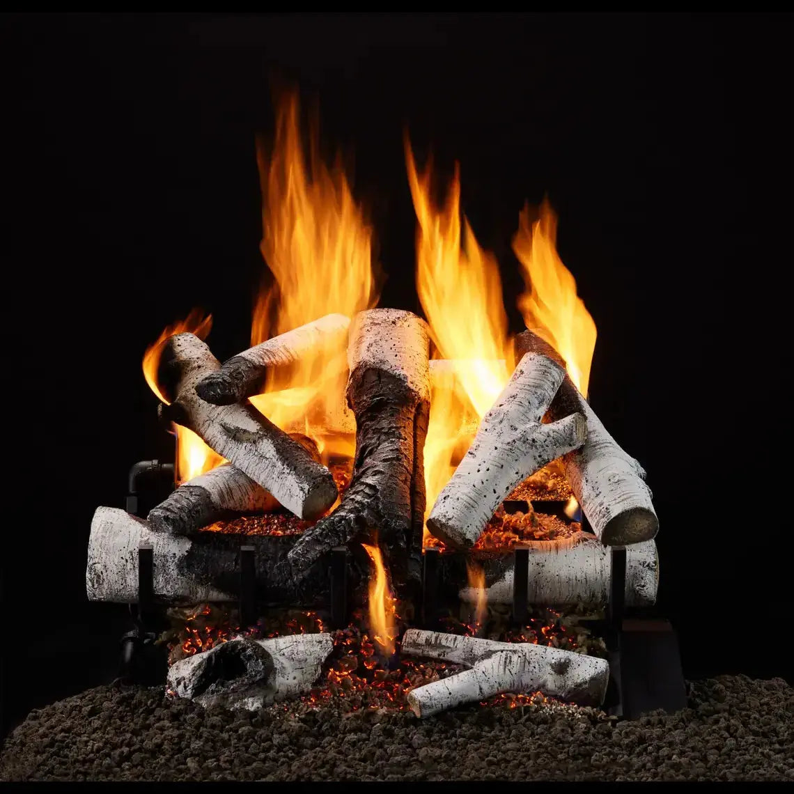 Majestic Grand Birch vented gas log set with realistic birch wood detailing and natural flame design.