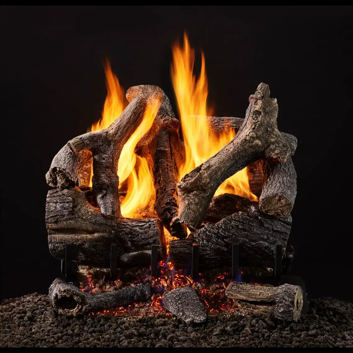 Majestic Grand Oak vented gas log set with realistic oak details and natural flame effect