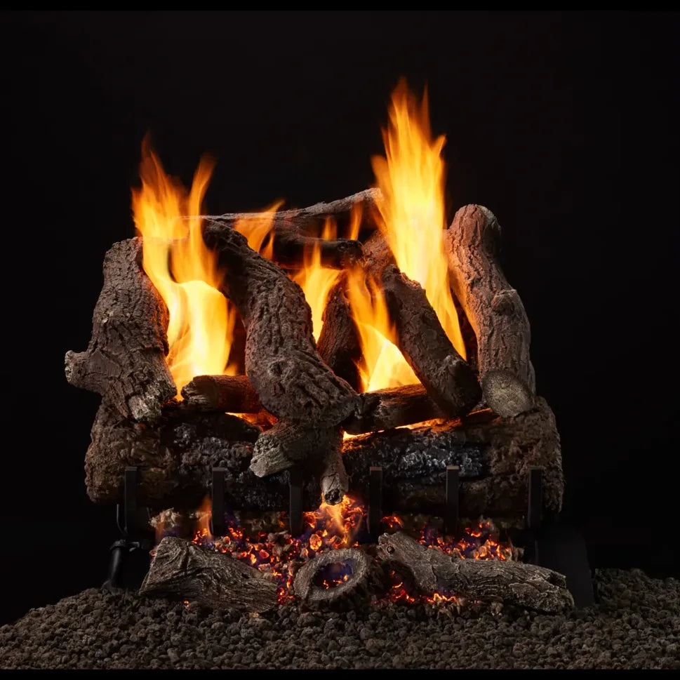 Majestic Heritage Oak vented gas log set with realistic oak finish and natural flame tips