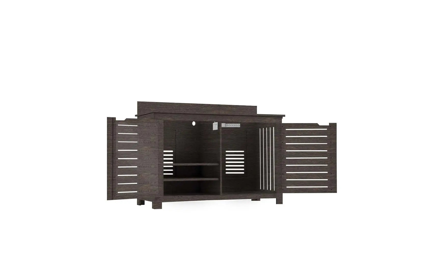 Mainstay bar credenza with wooden finish, glass doors, and interior shelving.