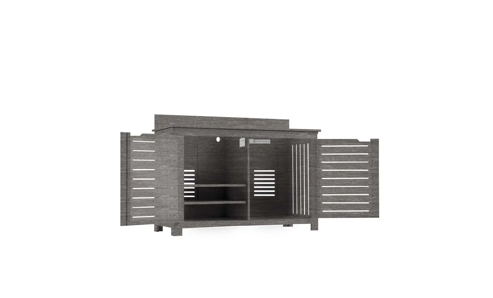 Mainstay bar credenza with wooden finish, glass doors, and interior shelving.