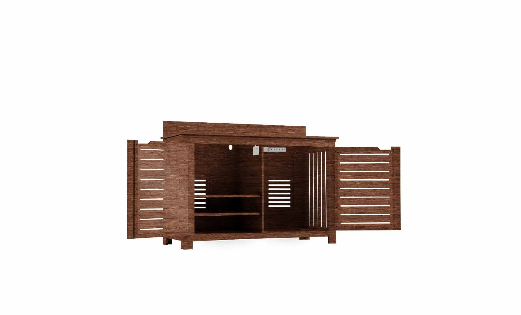 Mainstay bar credenza featuring wooden doors with glass inserts and adjustable shelving inside.