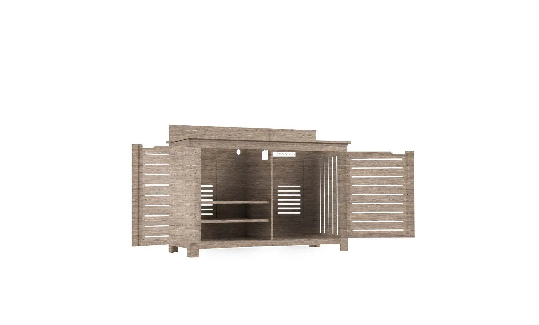 Mainstay bar credenza with wooden finish, glass doors, and interior shelving.