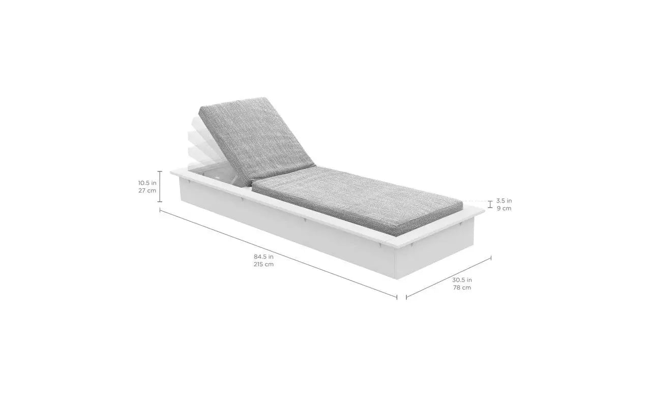 Echo Chaise lounge chair in gray fabric with wooden frame and curved backrest