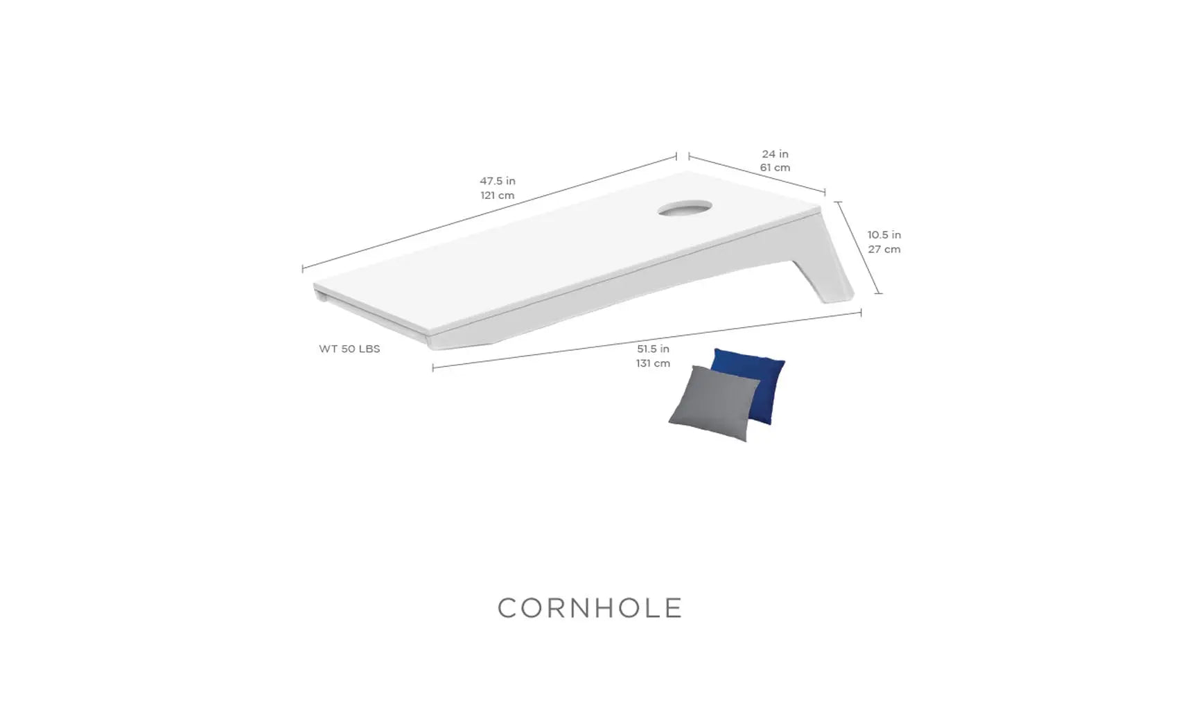 Cornhole board with two bags and a logo in the center
