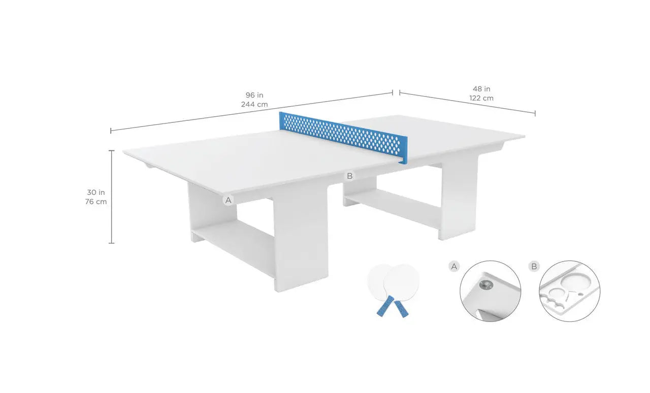 Table tennis table with green surface and two barstools in a casual gathering setup.