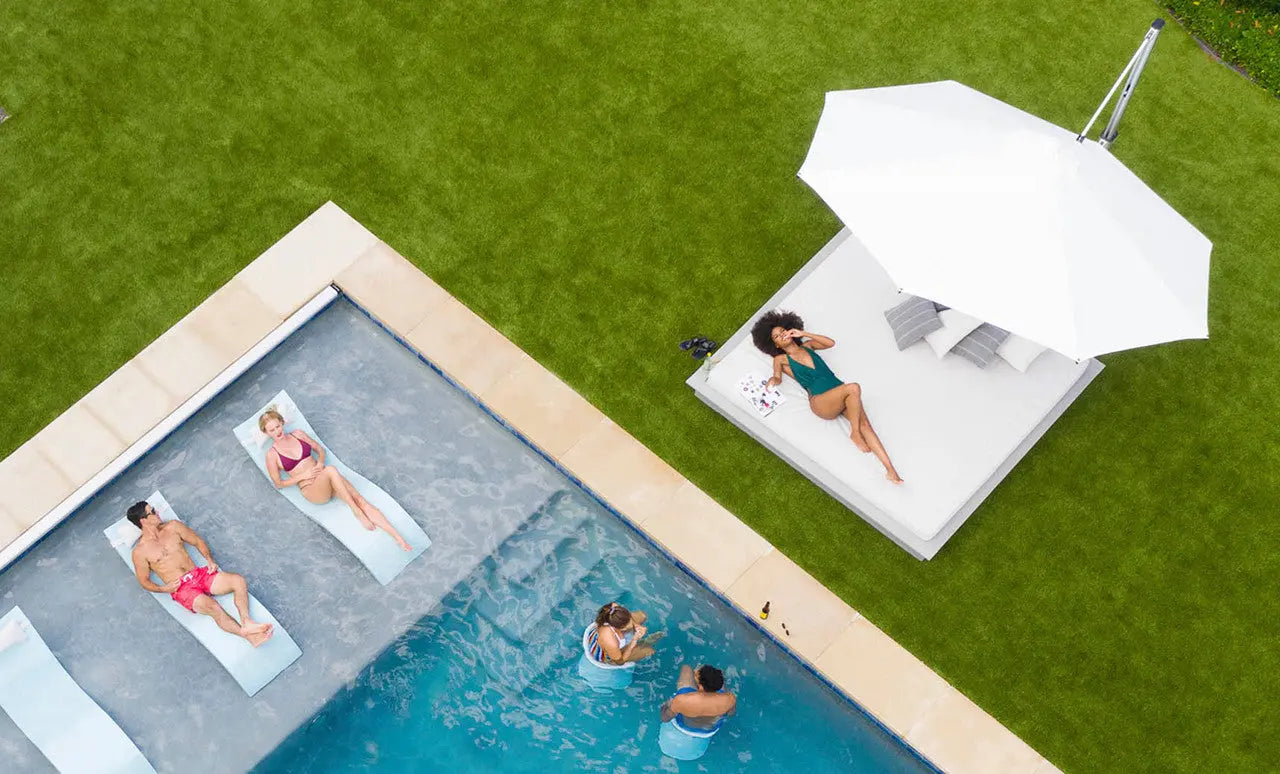 13-foot octagonal umbrella with cantilever design for easy angle adjustment.
