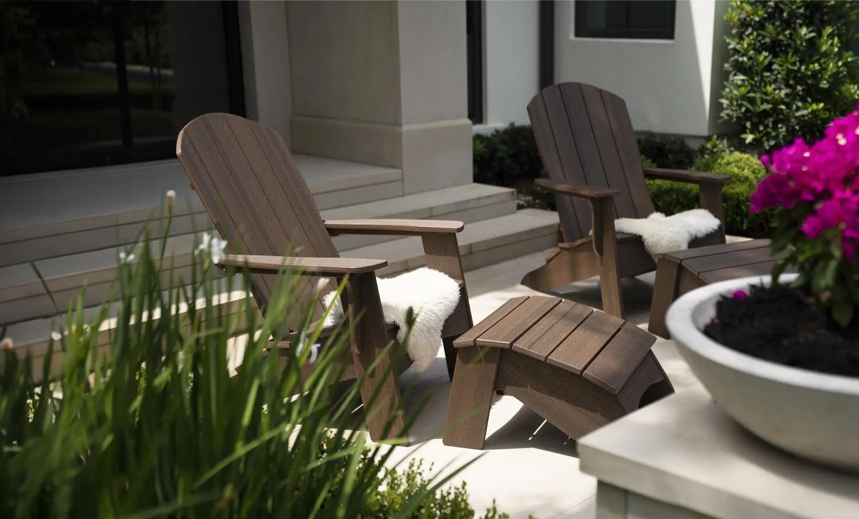 Legacy Adirondack wooden ottoman with woven beige seat and tapered legs