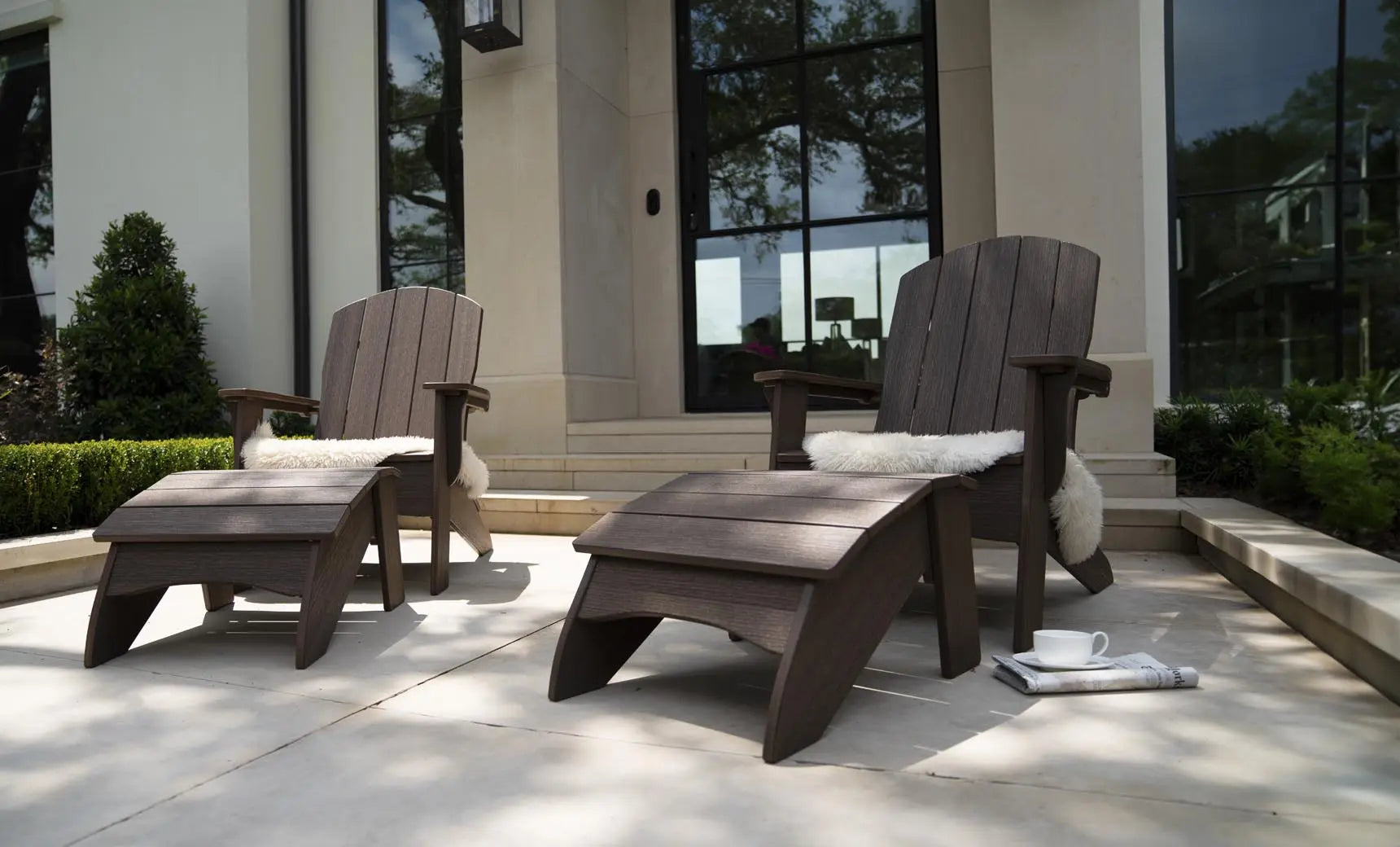 Legacy Adirondack wooden ottoman with woven beige seat and armrests