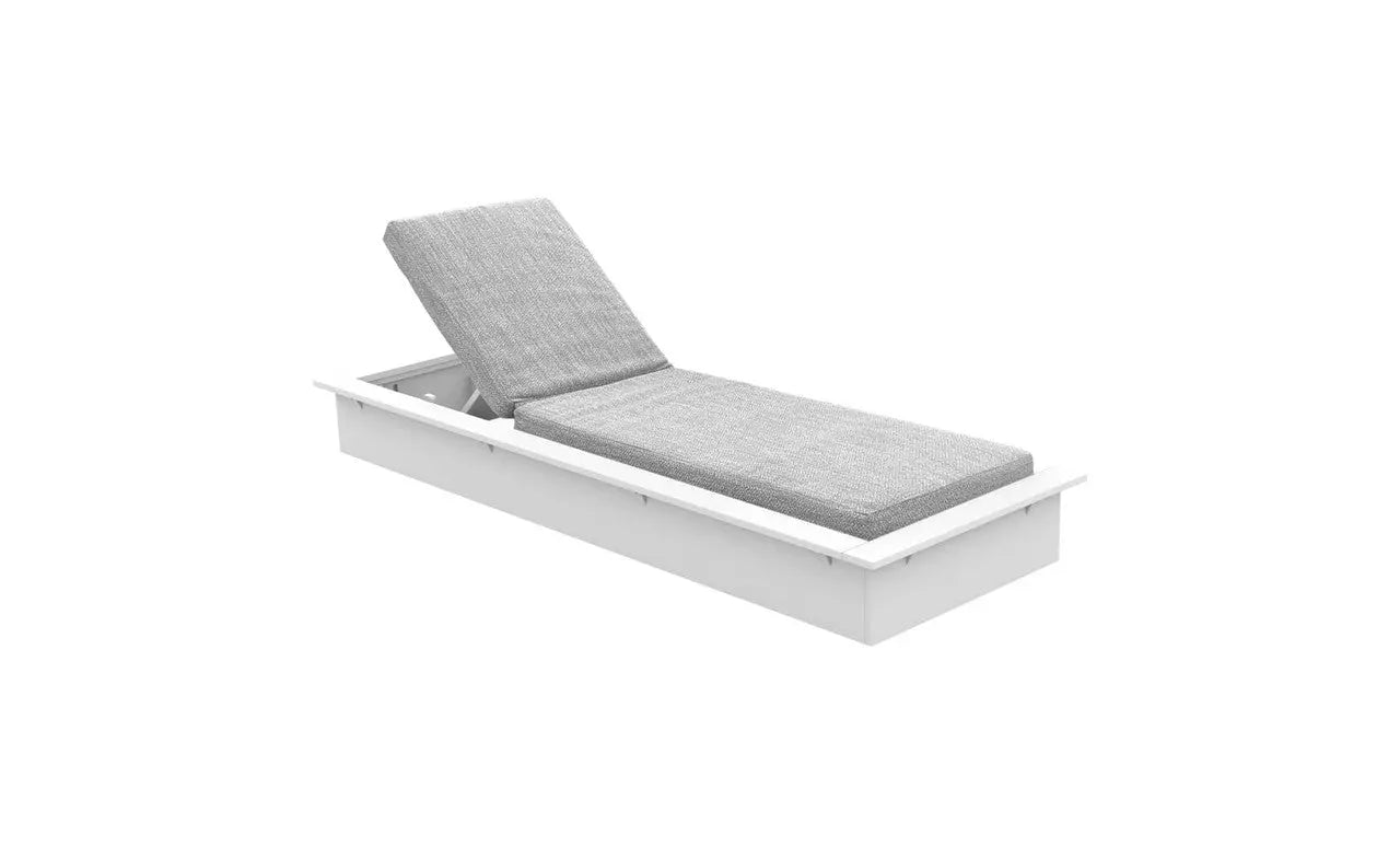 Echo Chaise lounge chair in gray fabric with wooden frame and curved backrest