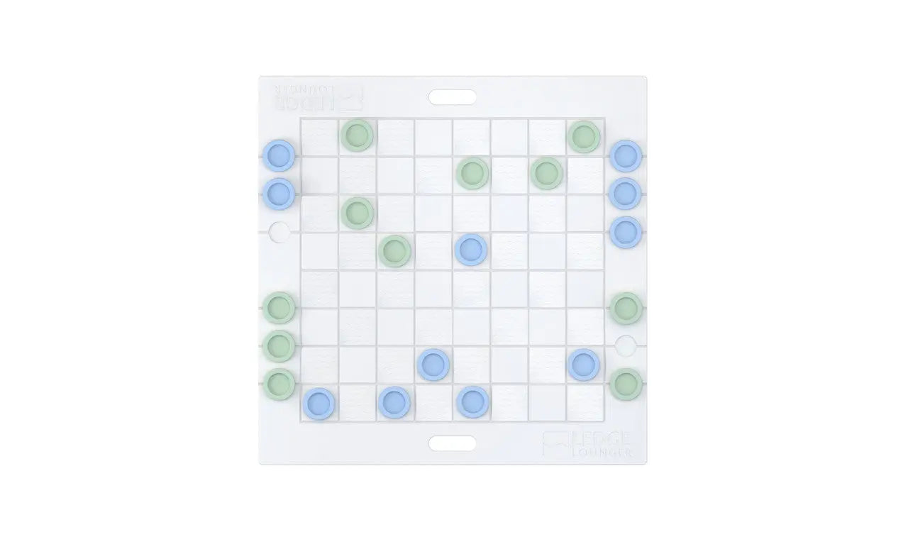 Checkers and Tic Tac Toe game board with black and red checkers pieces and yellow and blue tic tac toe tokens
