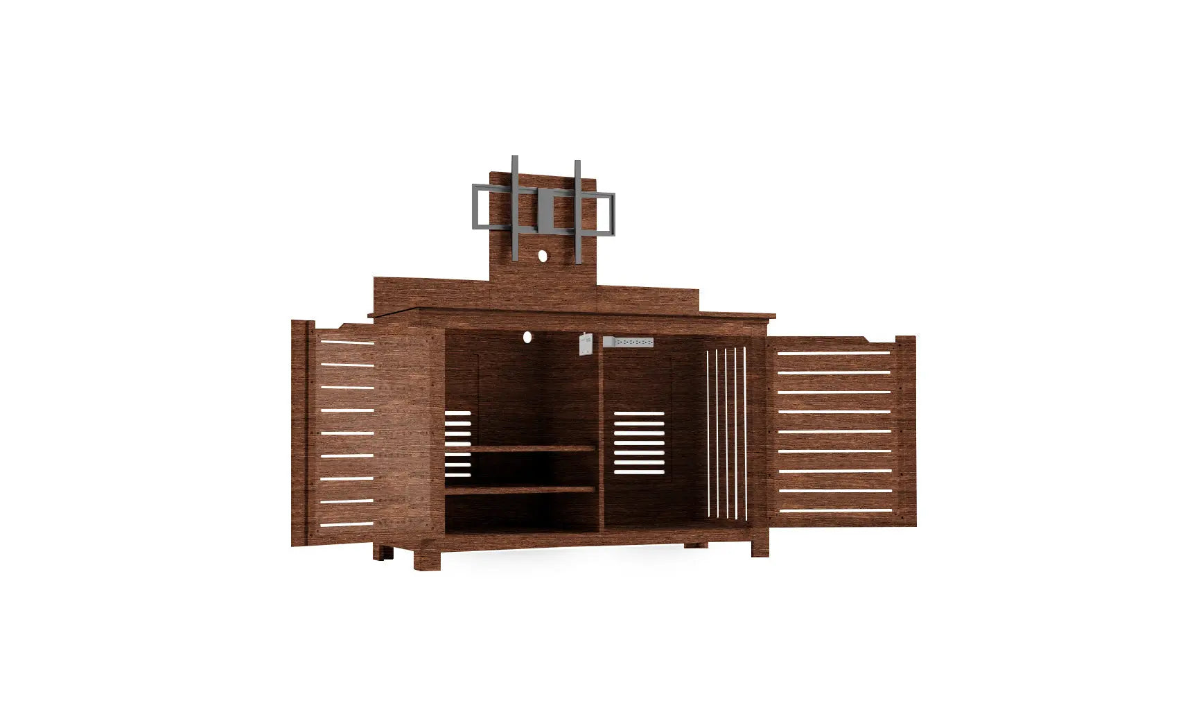 Mainstay bar credenza with wooden finish, glass doors, and pull-out shelf.