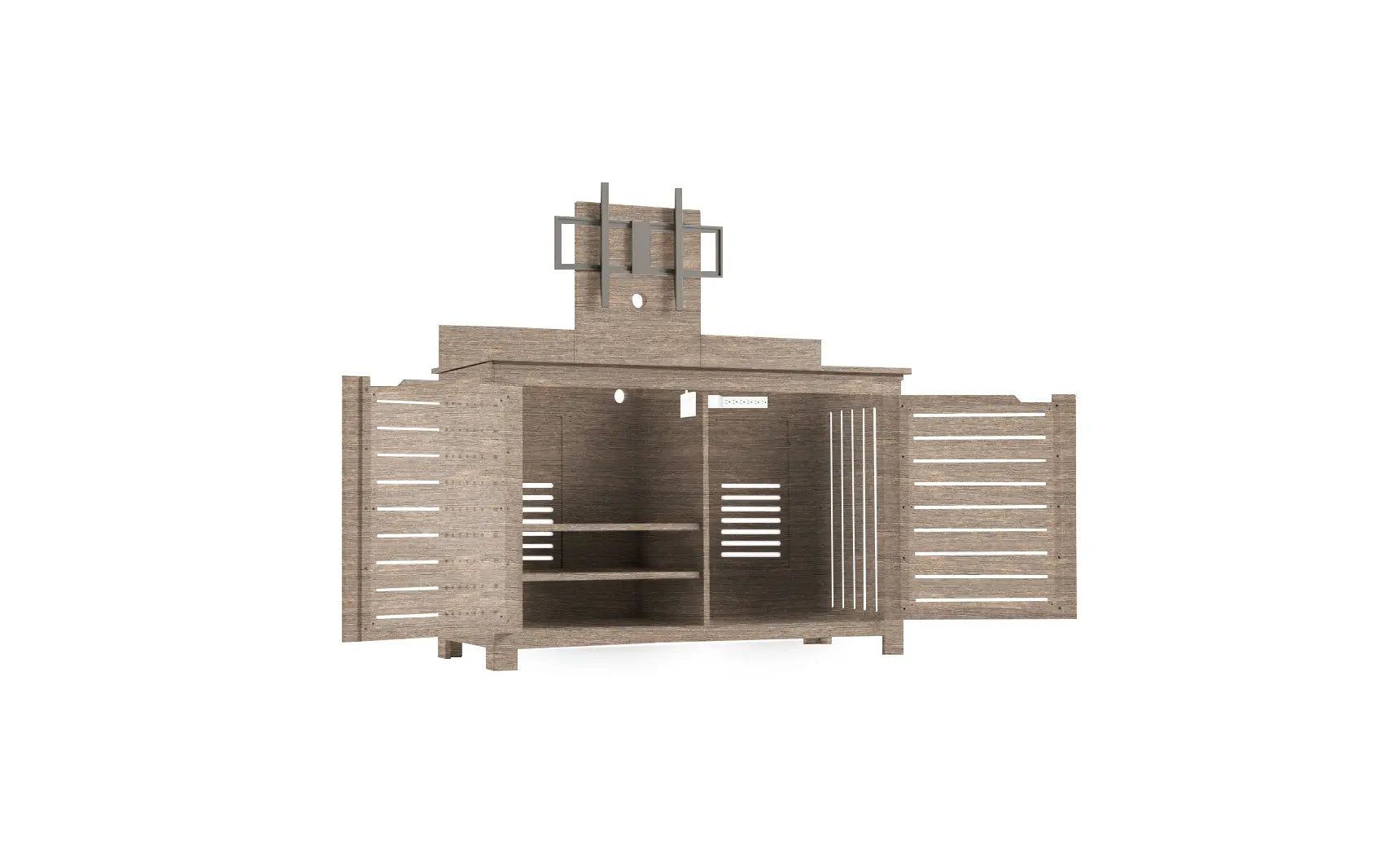 Mainstay bar credenza with wooden finish, glass doors, and interior shelving.