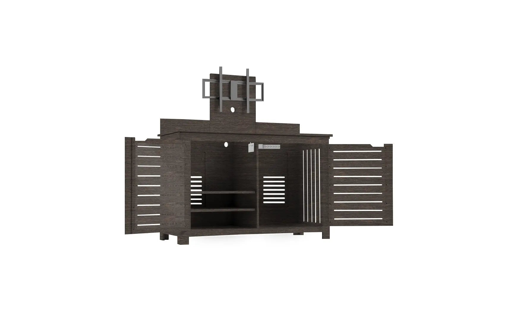 Mainstay bar credenza with wooden finish, glass doors, and pull-out shelf.
