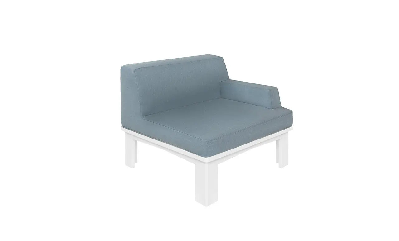 Mainstay sectional right armchair in beige fabric with wooden legs and curved backrest.
