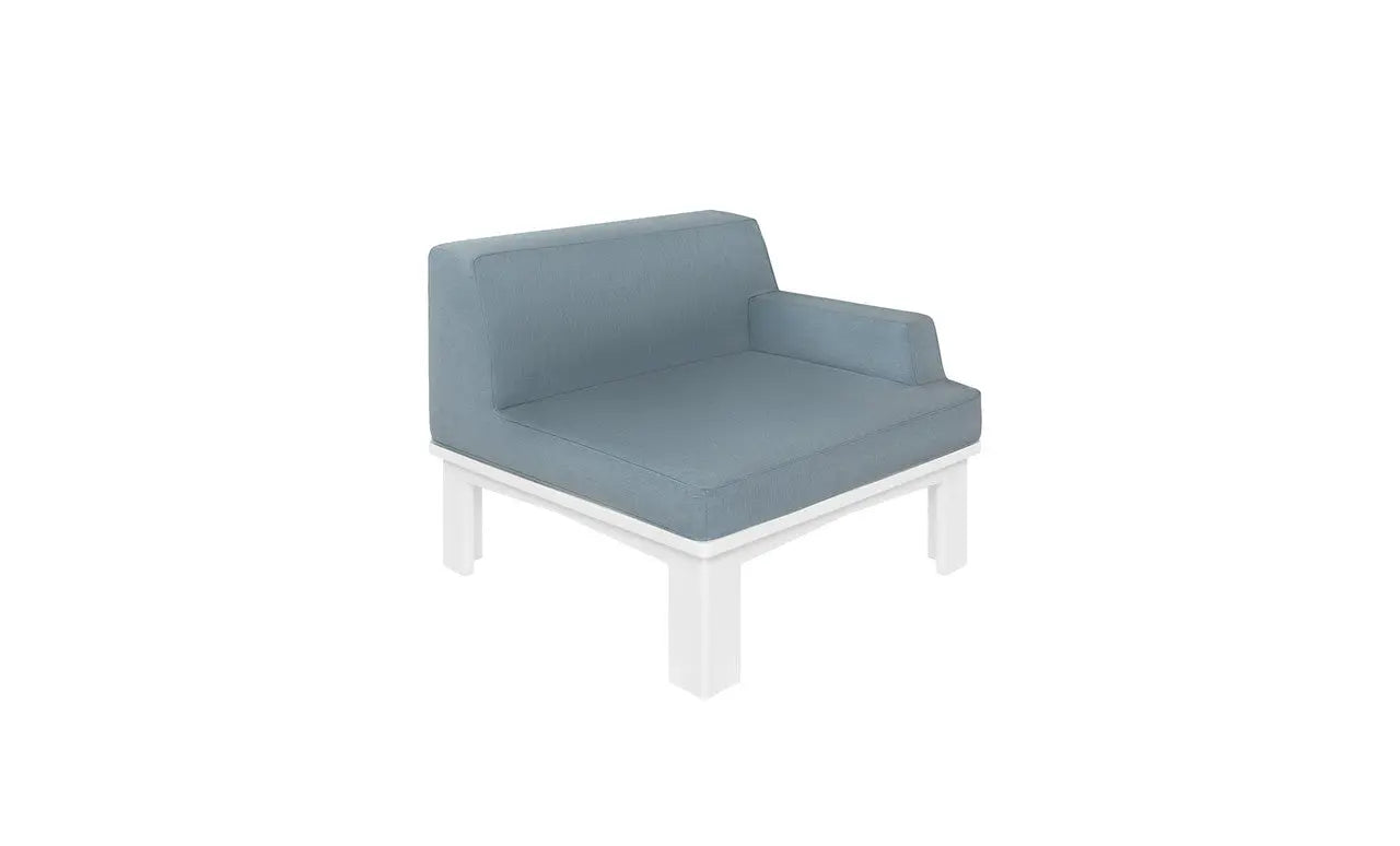 Mainstay sectional left armchair in beige fabric with wooden legs and curved backrest.
