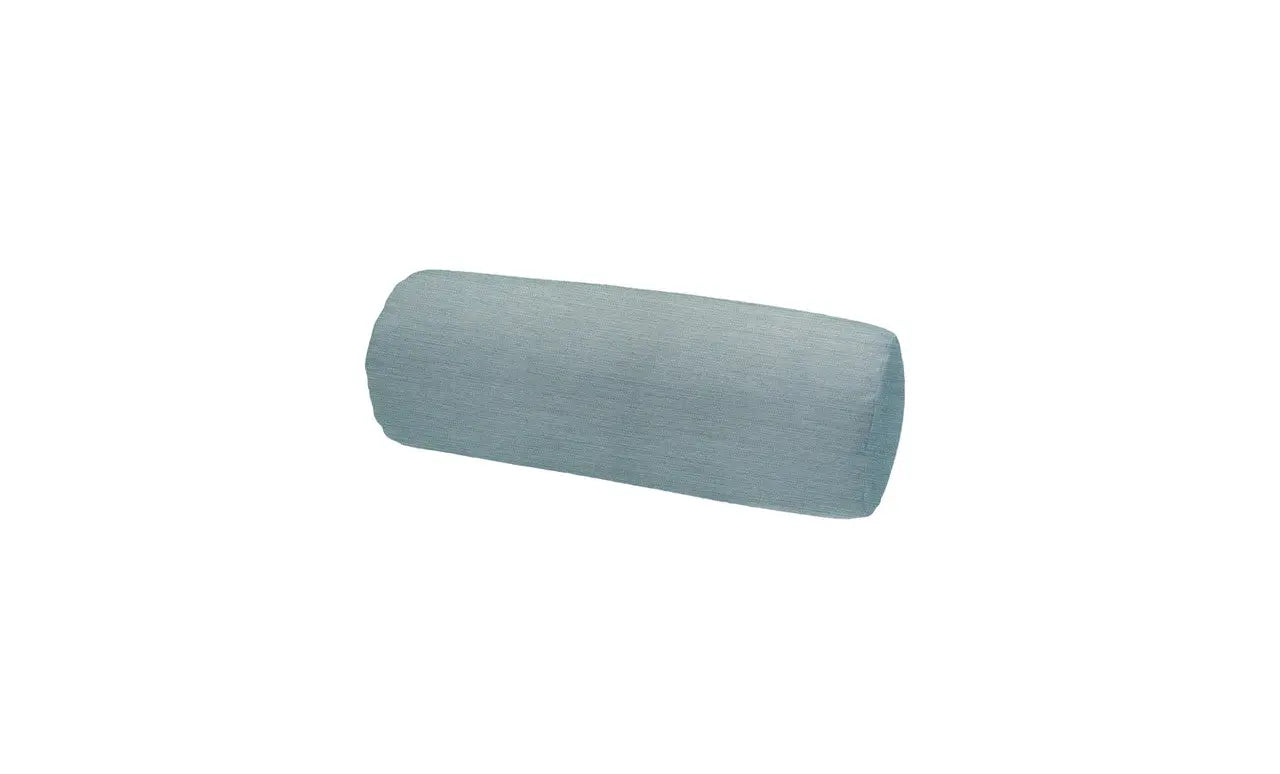 Round bolster throw pillows in soft fabric with decorative stitching.