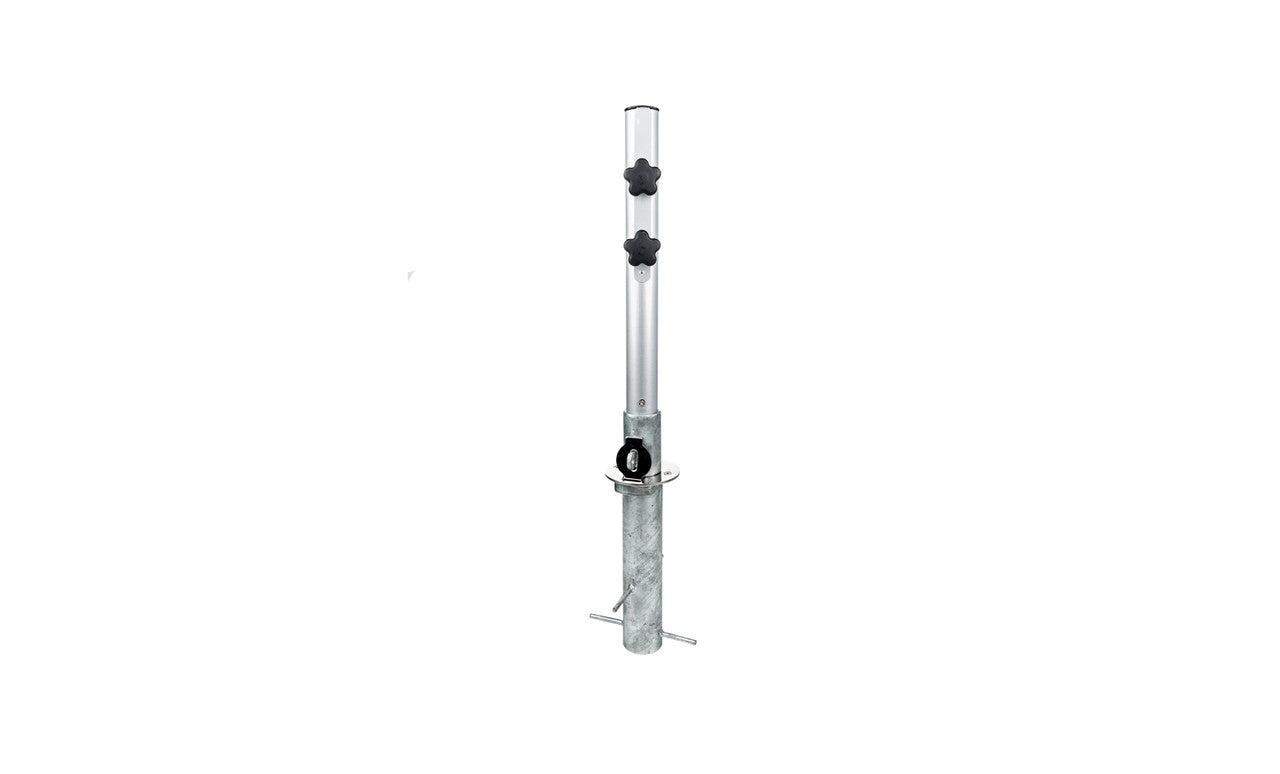 In-ground umbrella mount with black base and telescoping pole.