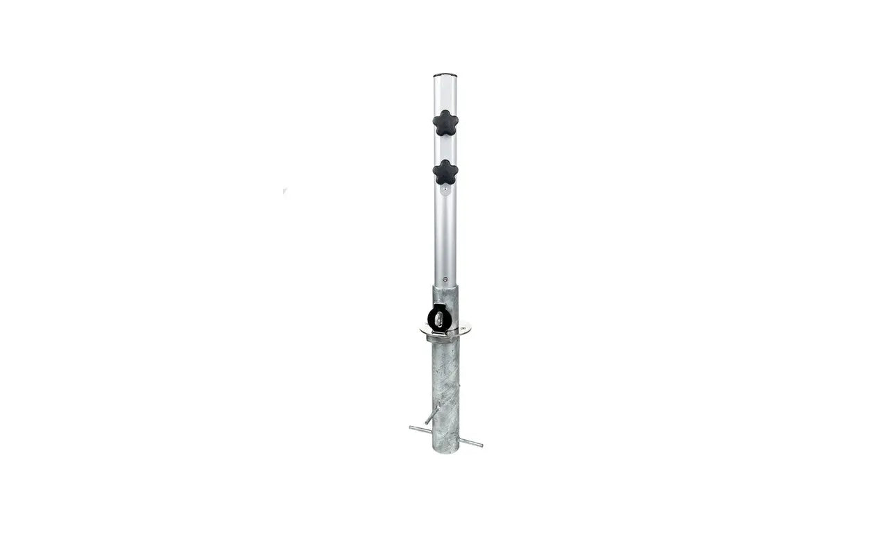 In-ground umbrella mount with black base and telescoping pole.