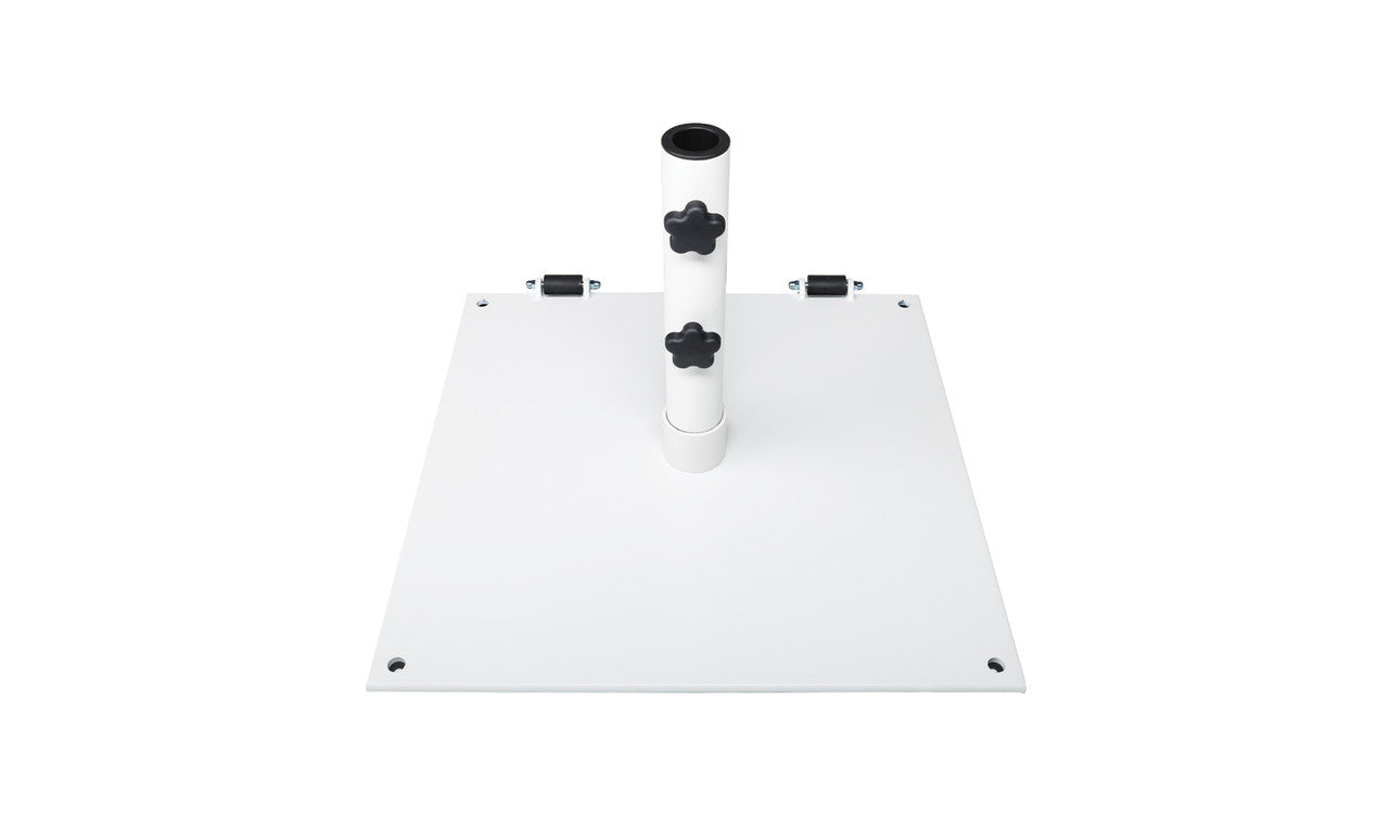 Steel plate umbrella base with a circular design and multiple screw holes for stability.