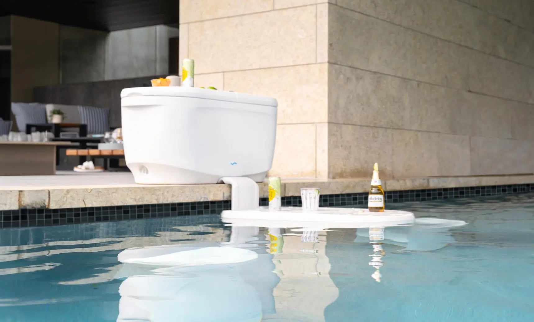 PartyPad Swim-Up Bar with blue inflatable seating and a built-in cooler