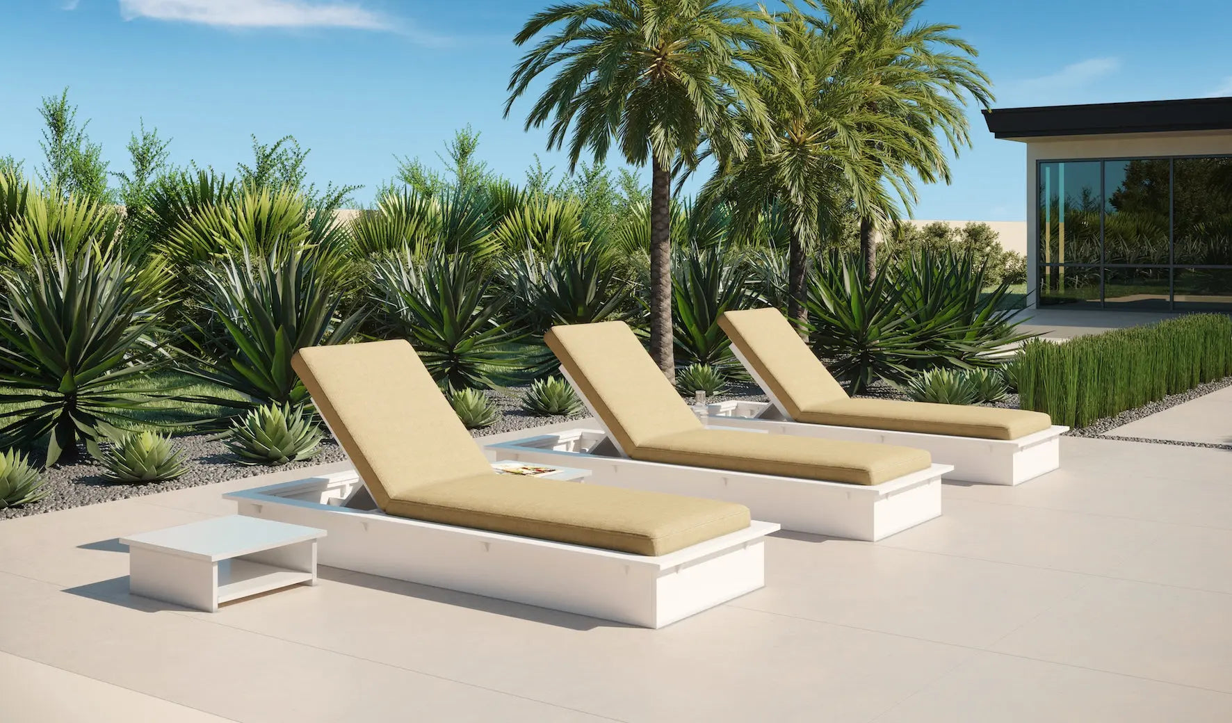 Echo Chaise lounge chair in gray fabric with wooden frame and curved backrest