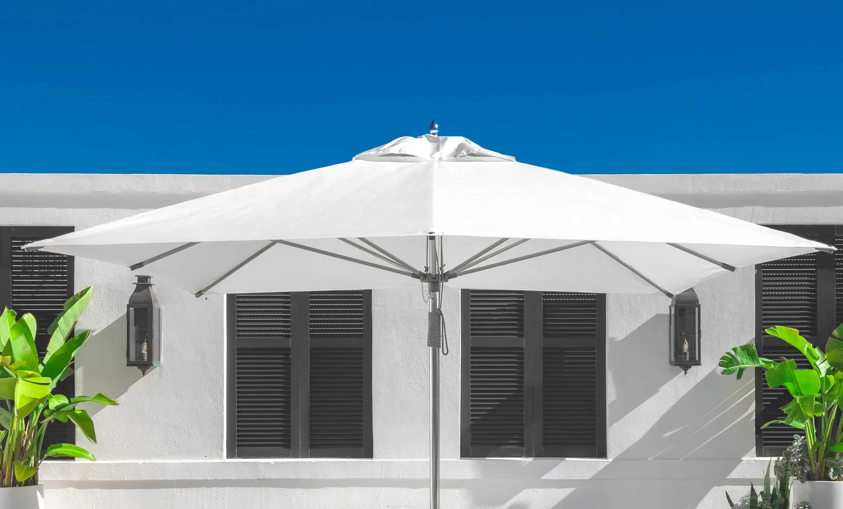 10-foot square pulley essential fiberglass umbrella in white with black ribs and silver hardware