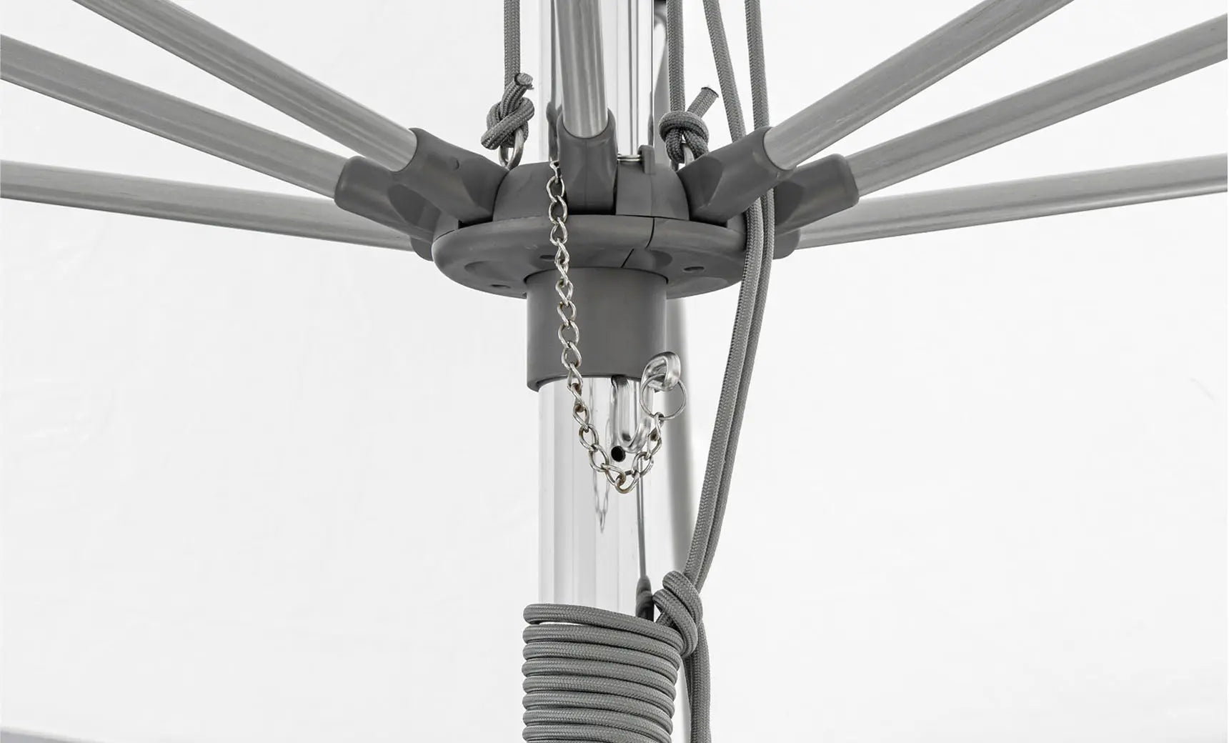 10-foot square pulley essential fiberglass umbrella in white with black ribs and silver hardware