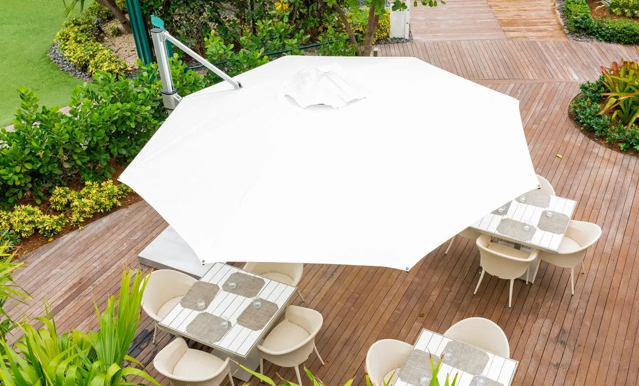 11-foot octagonal umbrella with cantilever design in black and silver finish