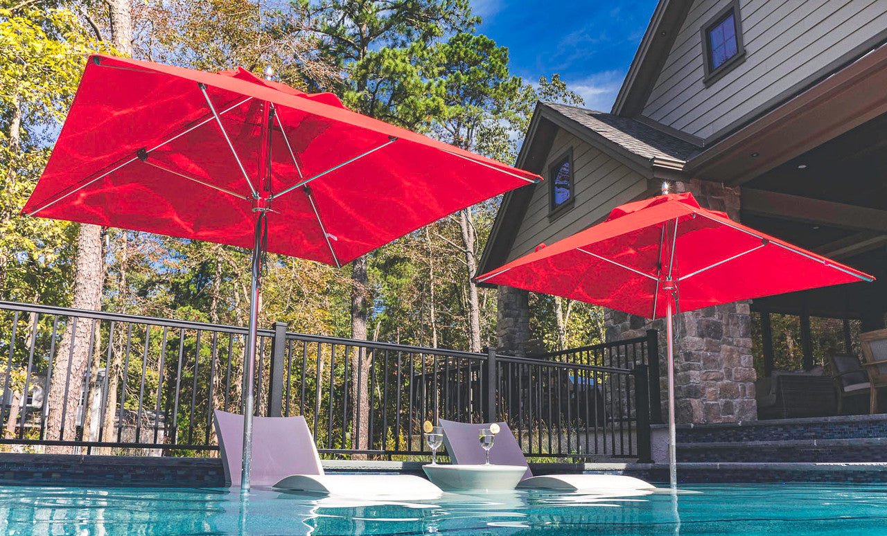 10-foot square Premier Umbrella with a pulley system for easy opening and closing.