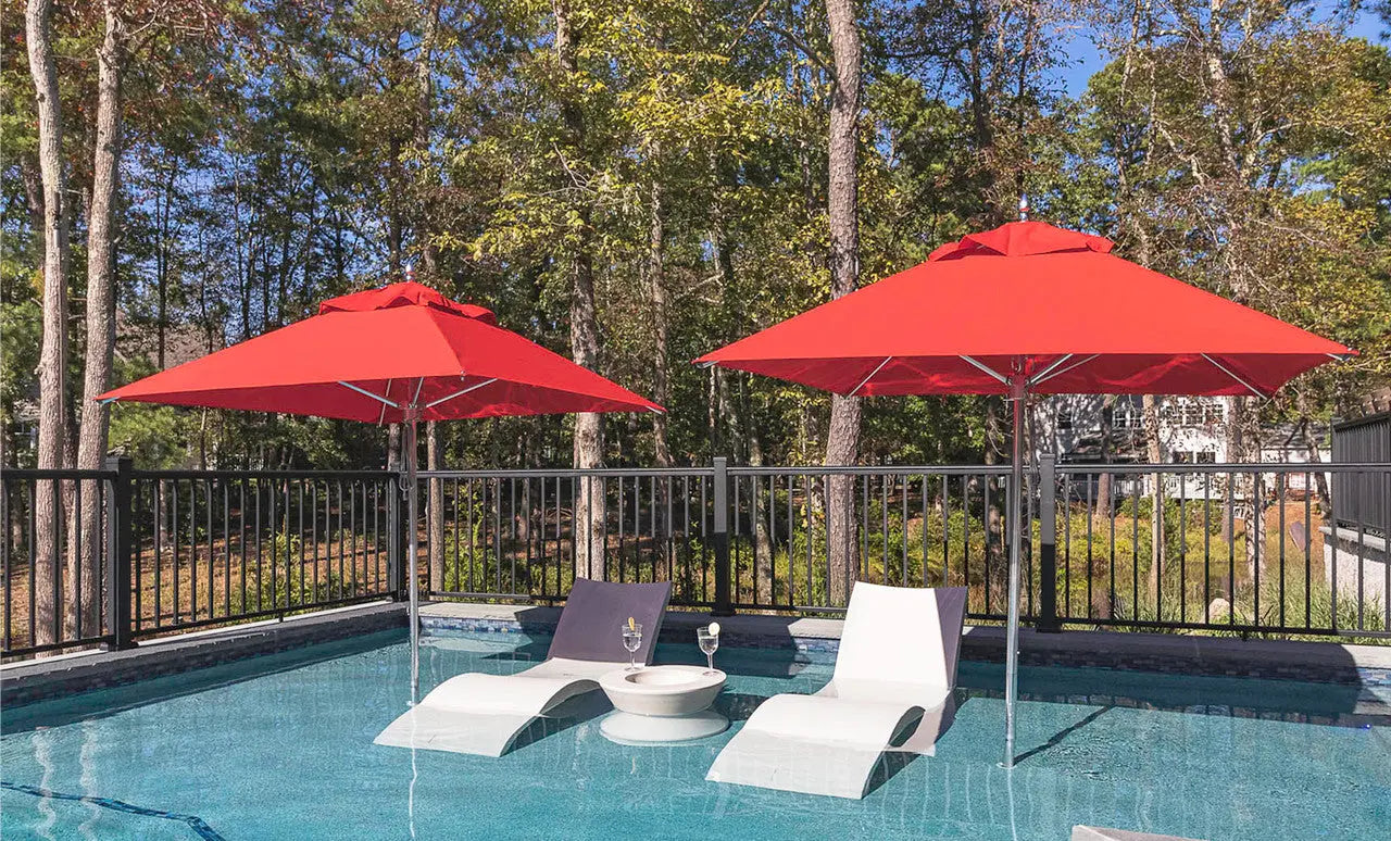 13-foot octagonal Premier Umbrella with a blue canopy and wooden frame.