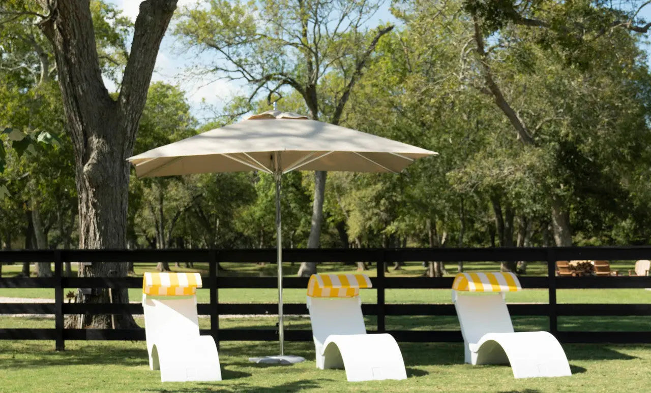 10-foot square Premier Umbrella with a pulley system for easy opening and closing.