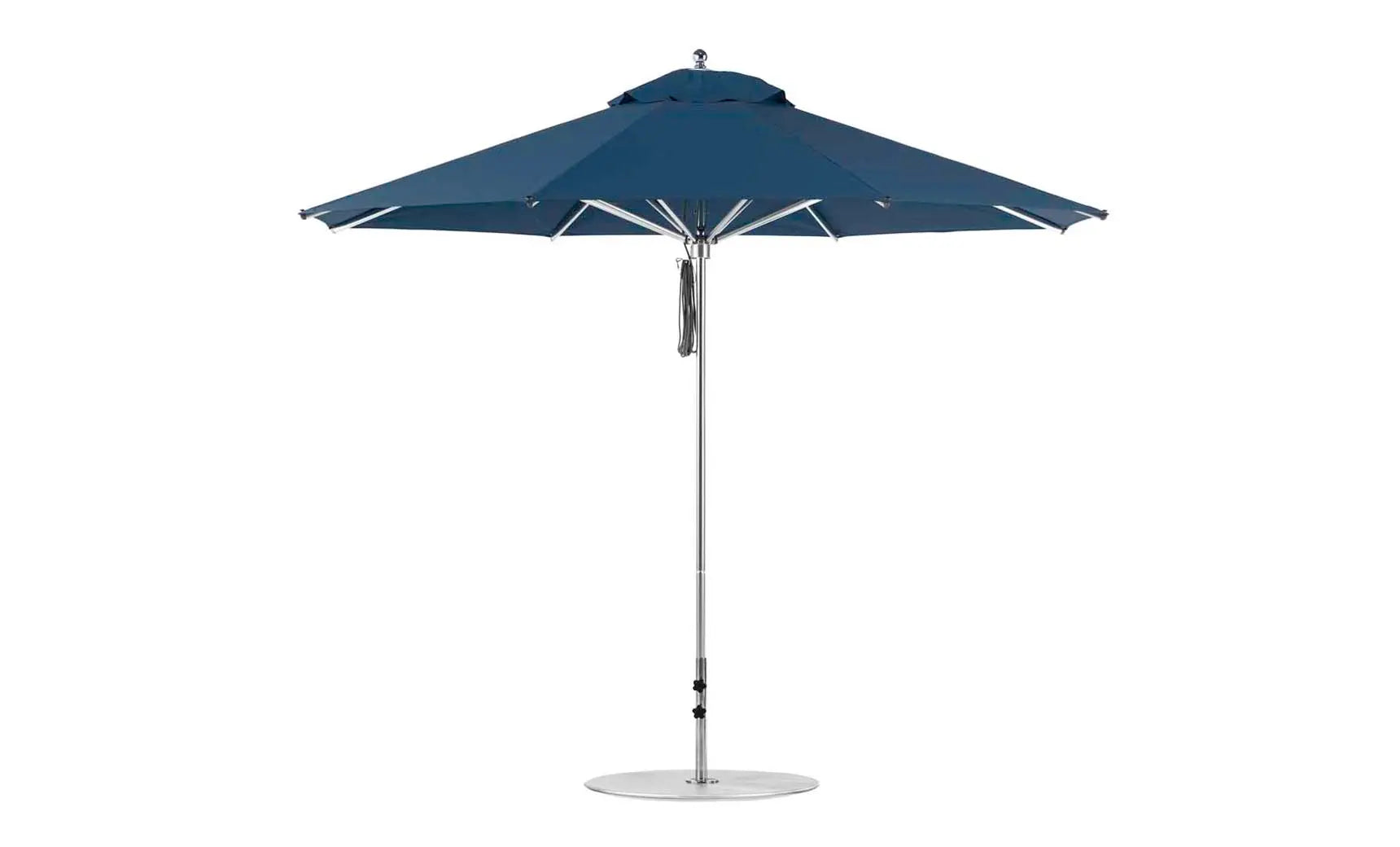 11-foot octagonal Premier Umbrella with a blue canopy and wooden frame.