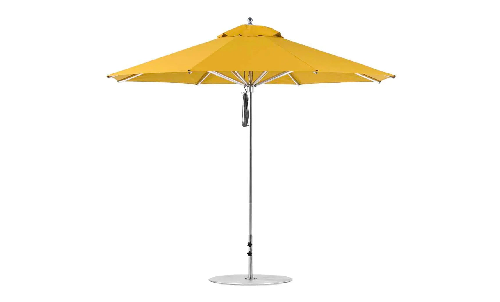 11-foot octagonal Premier Umbrella with a blue canopy and wooden frame.