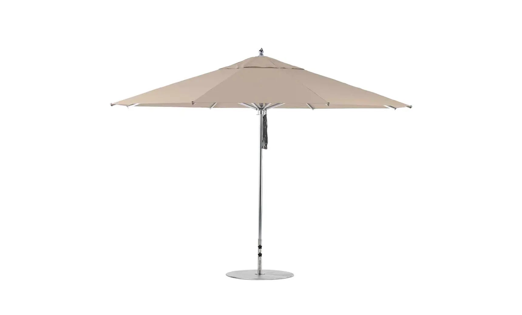 13-foot octagonal Premier Umbrella with a blue canopy and wooden frame.