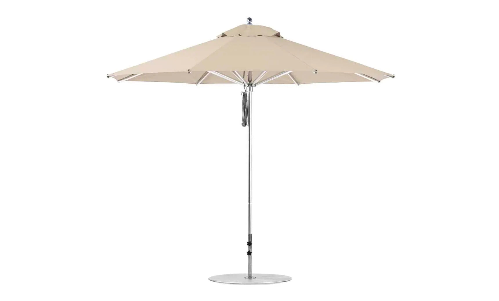11-foot octagonal Premier Umbrella with a blue canopy and wooden frame.