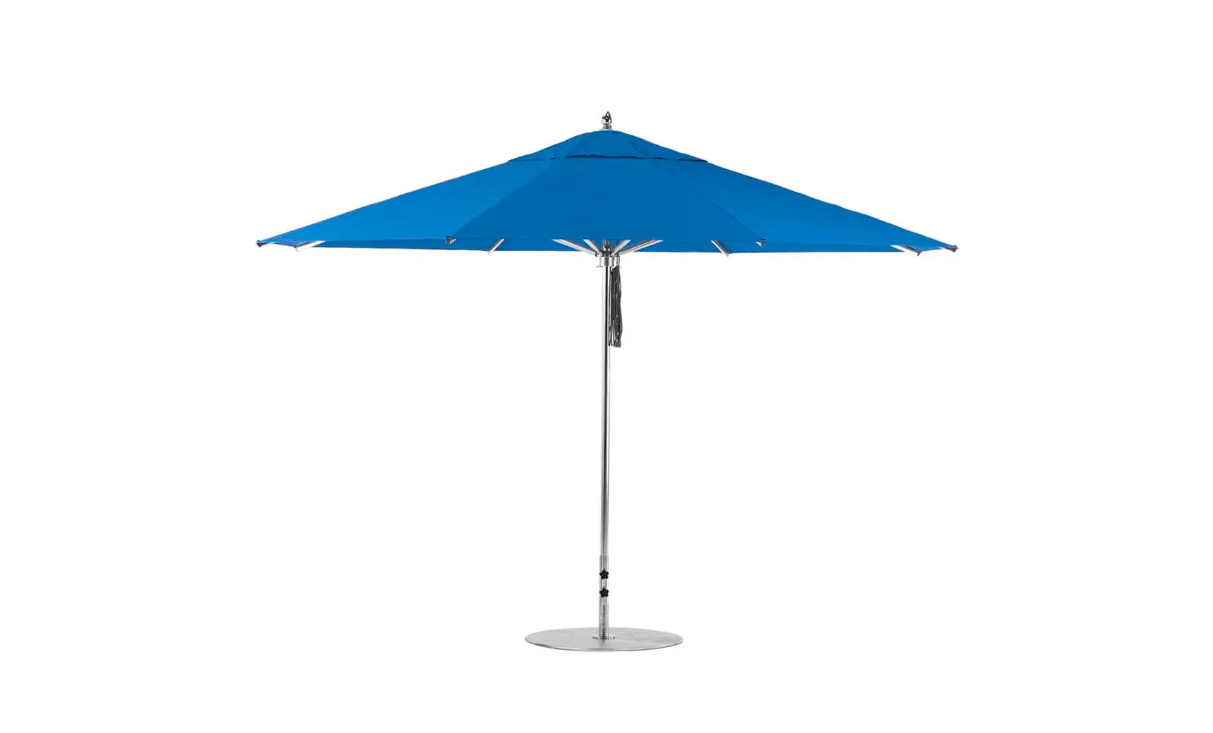 13-foot octagonal Premier Umbrella with a blue canopy and wooden frame