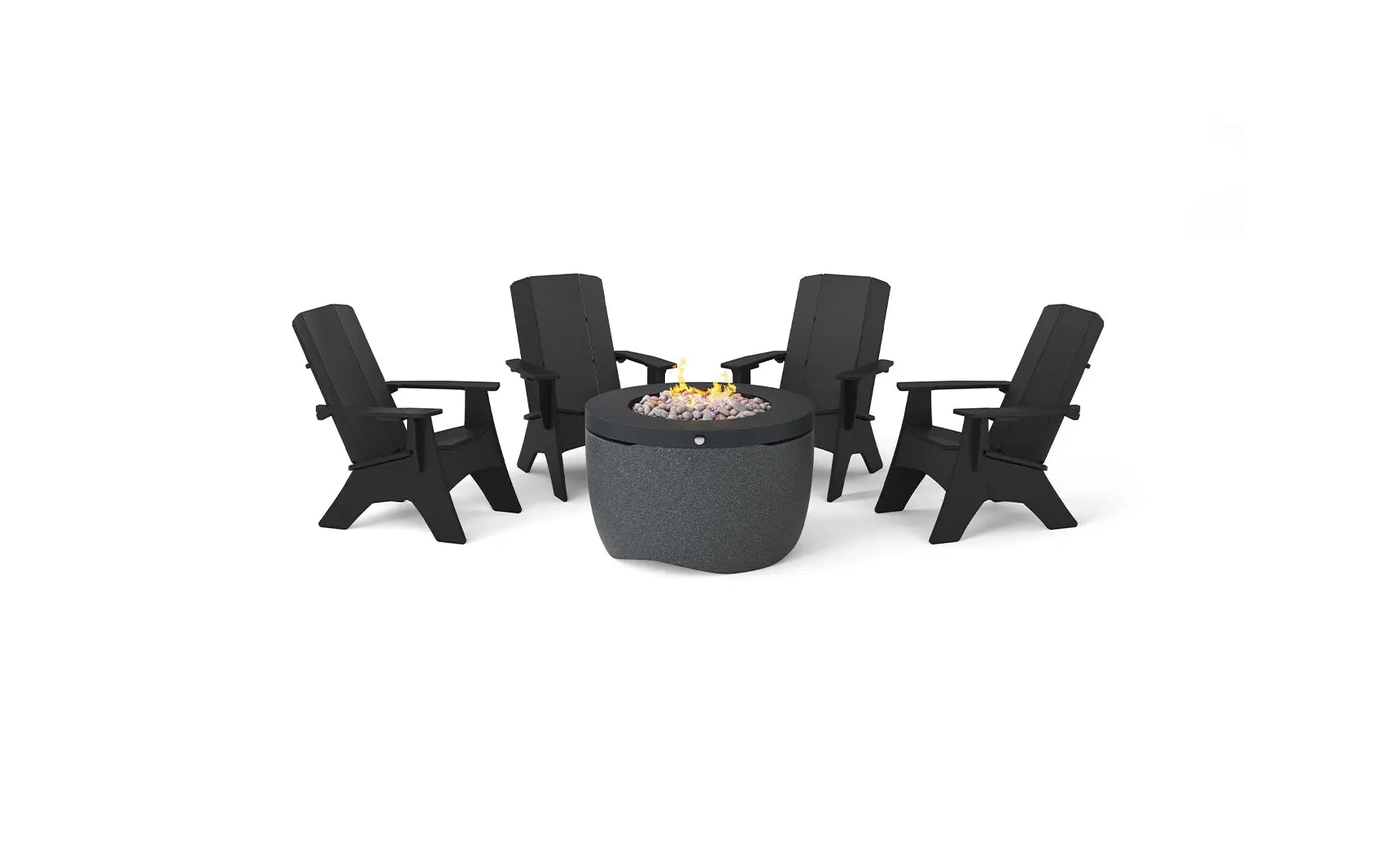 Halo Firepit surrounded by four Adirondack chairs in wooden tones and green cushions