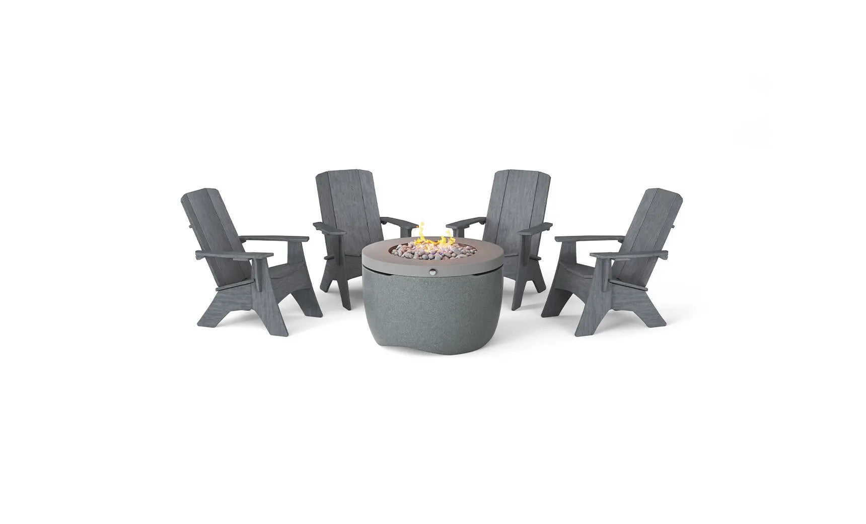 Halo Firepit surrounded by four Adirondack chairs in wooden tones