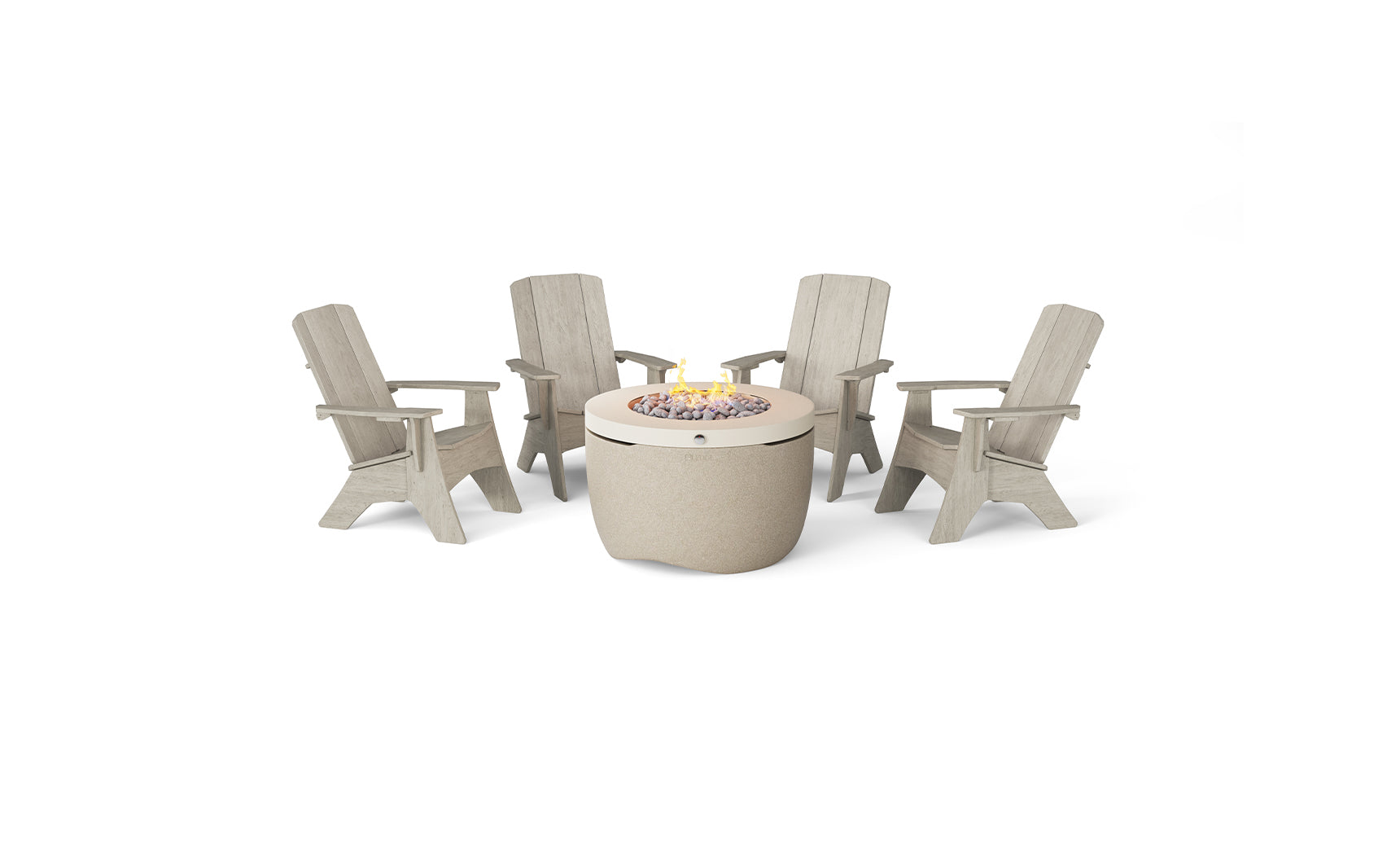 Halo Firepit with four Adirondack chairs surrounding it in a cozy outdoor setting.