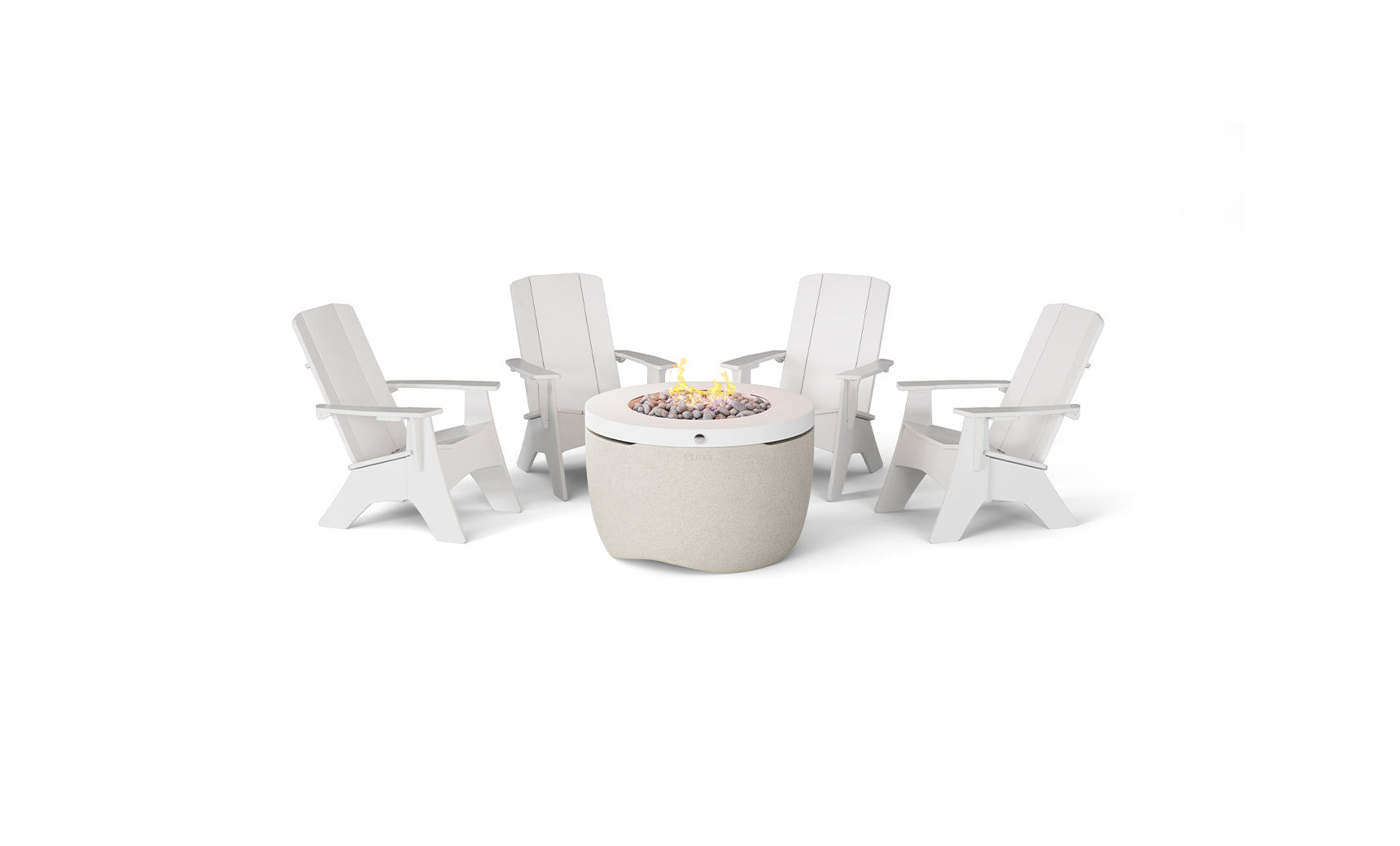 Halo Firepit with four Adirondack chairs surrounding it in a rustic style.