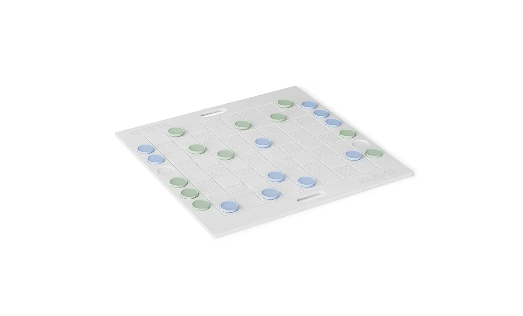 Checkers and Tic Tac Toe game board with black and red checkers pieces and yellow and blue tic tac toe tokens.
