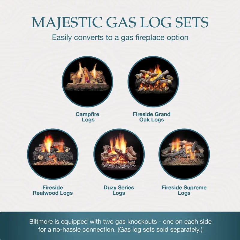 Majestic Biltmore 50" radiant wood burning fireplace with glass doors and iron detailing