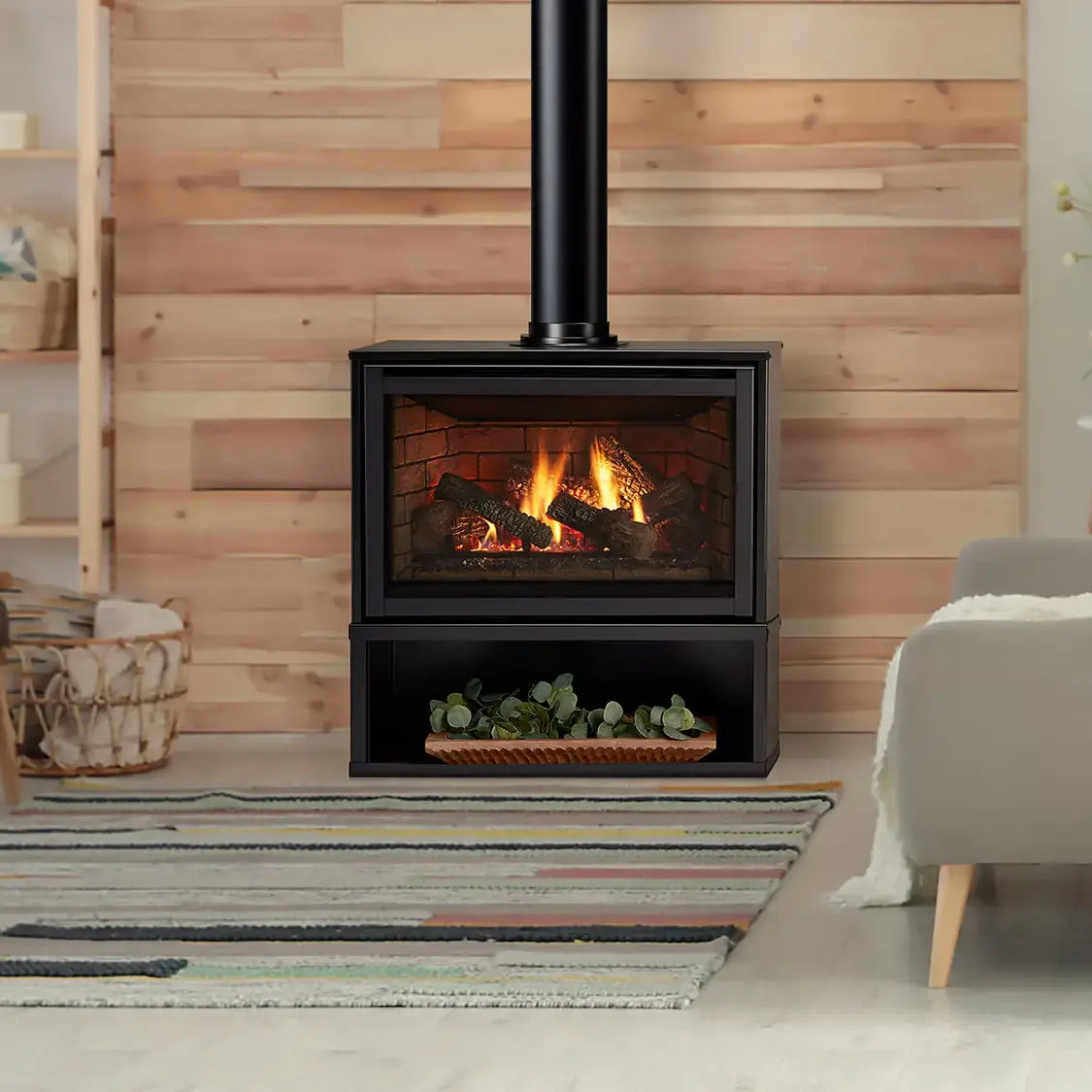 Majestic Trilliant Freestanding 30" direct vent gas fireplace with touchscreen remote control panel.