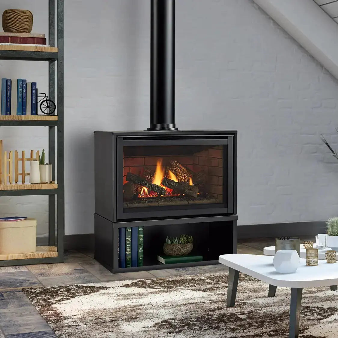 Majestic Trilliant Freestanding 30" direct vent gas fireplace with touchscreen remote control panel.