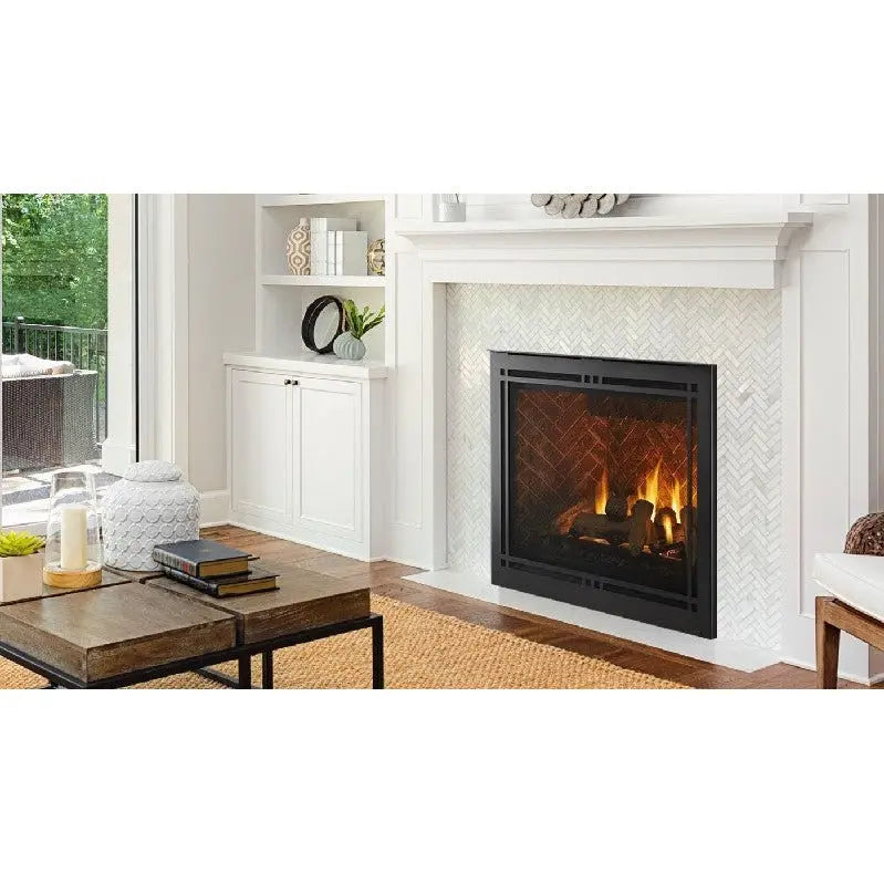 Majestic Meridian 42-inch direct vent gas fireplace with sleek black frame and glass front.