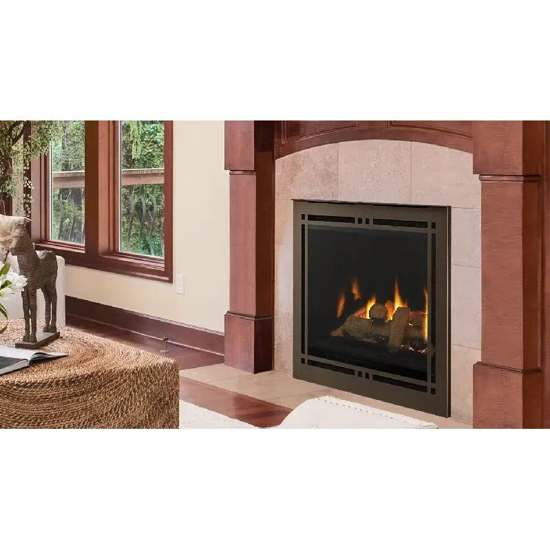 Majestic Meridian 42-inch direct vent gas fireplace with sleek glass front and metal trim.