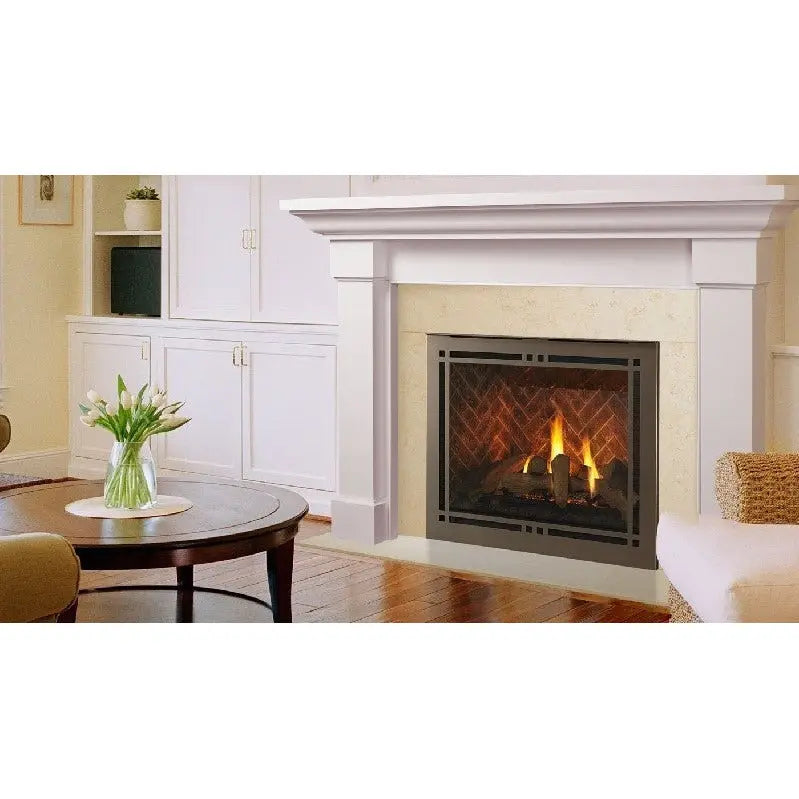 Majestic Meridian 42" direct vent gas fireplace with sleek glass front and metal frame.